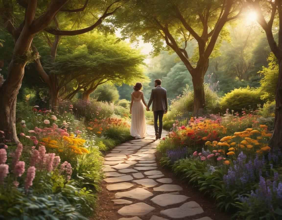 A scenic pathway winding through a lush garden, adorned with diverse flowers symbolizing different stages of love, alongside silhouettes of couples holding hands, engaged in deep conversation. Soft, ethereal light filters through the trees, creating a romantic atmosphere filled with warmth and connection. A gentle breeze rustles leaves, representing the journey of relationships. super-realistic. vibrant colors. soft focus.