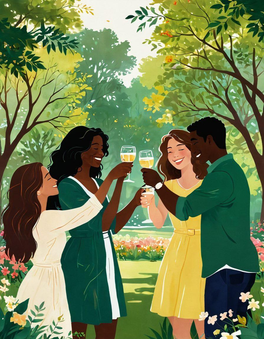 A warm, inviting scene of diverse friends embracing each other, with soft sunlight filtering through a lush green park. In the background, symbolic elements like intertwined hands and heart shapes subtly enhanced with flowers fluttering in the breeze convey deep connections. Friends laughing and sharing a toast, representing intimacy and joy in relationships. delicated brush strokes, soft color palette, painting.