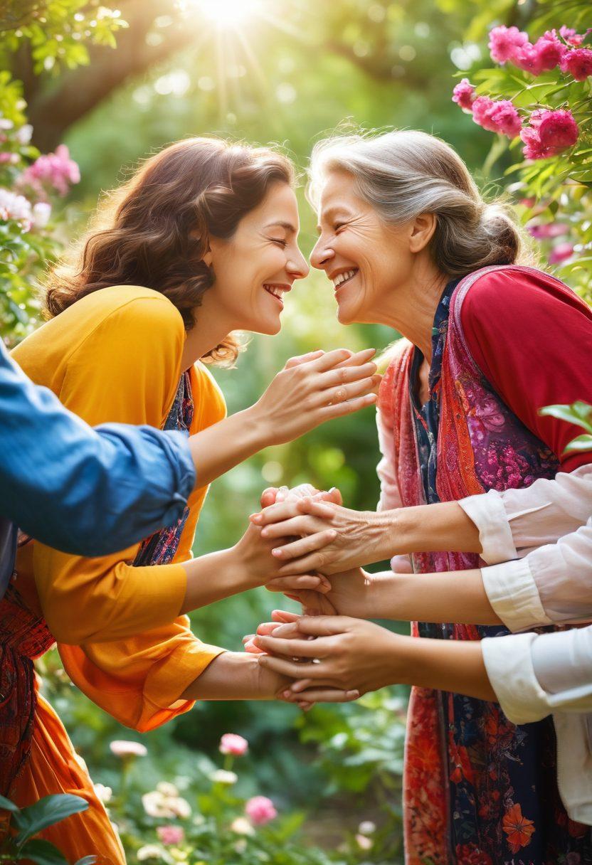 An enchanting scene depicting diverse individuals of various ages and backgrounds sharing joyful moments together in a lush garden, symbolizing love, friendship, and intimacy. The focus is on their genuine smiles, intertwined hands, and warm embraces, set against a backdrop of blooming flowers and soft sunlight filtering through the trees. The image should evoke emotions of warmth and connection. vibrant colors. super-realistic.
